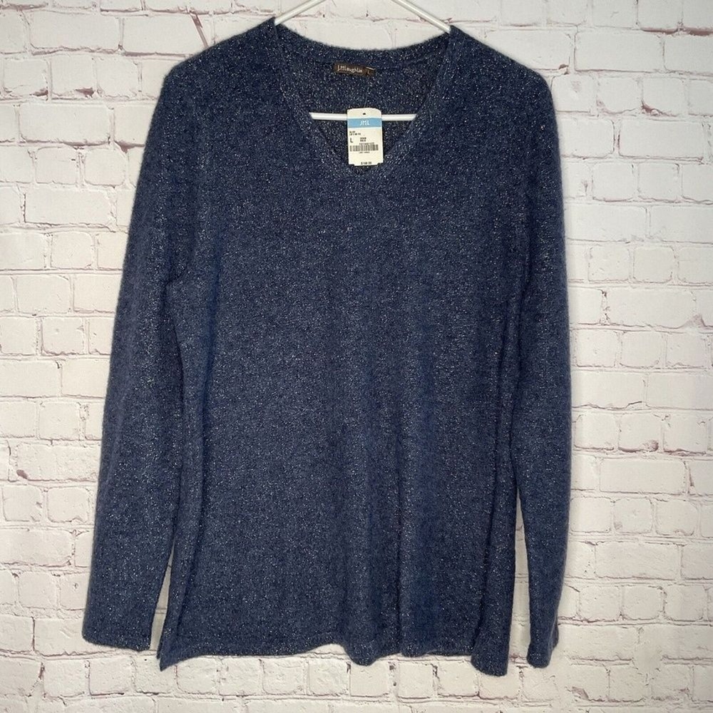 NWT J. McLaughlin Metallic Blue Knit Long Slv. V-Neck Sweater Women L Wool Blend